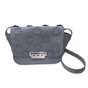 ZAC Zac Posen Crossbody Bag Slate Blue Grey Leather Flowers Handbag Purse Silver